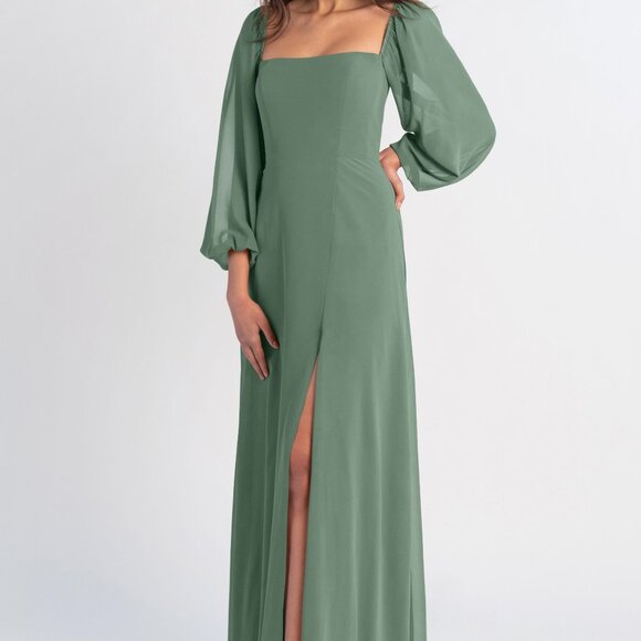 NWT Jenny Yoo Althea Floor Length Chiffon Bridesmaid Dress. Long sleeve. Slit - Picture 1 of 3